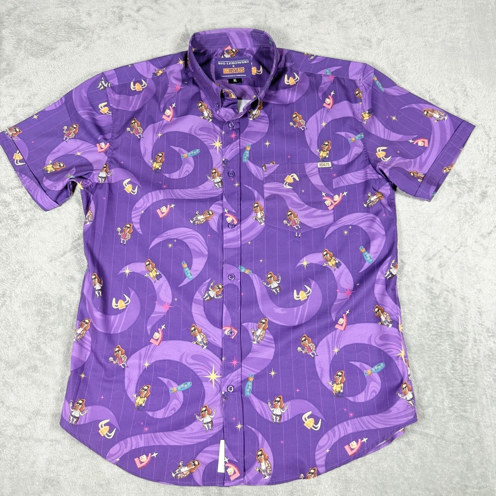 RSVLTS Mens XL The Big Lebowski KUNUFLEX Short Sleeve Button Down Shirt Purple